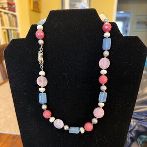 Genuine semi-precious beads & pearl silver necklace 18 inch handmade in Italy